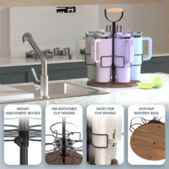 FURNIinspire Cup Organizer With Handle Rotating Tumbler Holder Bottle Storage Rack Kitchen Holder Non-Slip Pad, Black, 12.87"*12.87"*3.51"