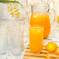 Slickblue Modern Cristalline Glass Drinkware Set – 65 Oz Pitcher & 6 Tumblers, Striking Linear Grooved Pattern