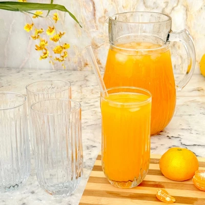 Slickblue Modern Cristalline Glass Drinkware Set – 65 Oz Pitcher & 6 Tumblers, Striking Linear Grooved Pattern 3 Slickblue Modern Cristalline Glass Drinkware Set – 65 Oz Pitcher & 6 Tumblers, Striking Linear Grooved Pattern