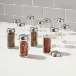 2oz 12pk Round Spice Jar Set - Threshold™: Glass Condiment Servers, Hand Wash, Traditional Style, Clear, 2.7 Volume Capacity