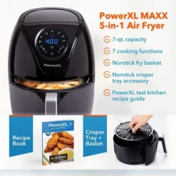 PowerXL Air Fryer 7 QT Maxx Classic, Extra Hot Air Fry, Cook, Crisp, Broil, Roast, Bake, High Gloss Finish, Nonstick, Black