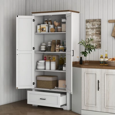 Yukimo 69" Kitchen Pantry Cabinet, White, With 2 Doors, Drawer & Adjustable Shelves, Freestanding Storage Solution For Dining Room 3 Yukimo 69" Kitchen Pantry Cabinet, White, With 2 Doors, Drawer & Adjustable Shelves, Freestanding Storage Solution For Dining Room