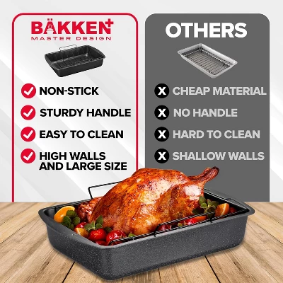 BAKKEN Nonstick Turkey Roasting Pan With Rack – 17 X 13 Inch, Large Heavy-Duty Carbon Steel Roasting Pan, Oven Safe Up To 450°F, Gray Marble 7 BAKKEN Nonstick Turkey Roasting Pan With Rack – 17 X 13 Inch, Large Heavy-Duty Carbon Steel Roasting Pan, Oven Safe Up To 450°F, Gray Marble - Image 5