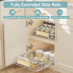 LOVMOR Pull Out Cabinet Organizer With Wooden Handle, 16?" W X 21?"Heavy Duty Cabinet Drawers Shelves Slide Out Organizer