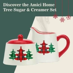 Amici Home Christmas Tree Sugar & Creamer Set - 8oz Ceramic Pitcher With Drip-Free Spout & Bowl With Lid - Vintage Sugar & Creamer Set