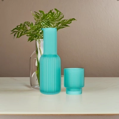 American Atelier Bedside Water Night Set 30 Oz Carafe With Tumbler Glass, Ribbed Pitcher - Aqua Blue 6 American Atelier Bedside Water Night Set 30 Oz Carafe With Tumbler Glass, Ribbed Pitcher - Aqua Blue - Image 4