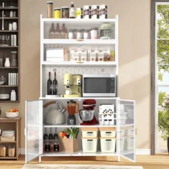 GlasFlength Kitchen Storage Farmhouse Kitchen Pantry Cabinet Freestanding Cupboard Accent Storage Cabinet For Kitchen, White, 31.5"*16.53"*73"