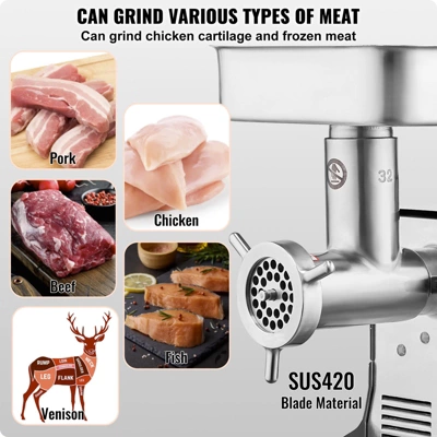 VEVOR Meat Grinder, 21 Lbs/Min Capacity Electric Meat Grinders With Blade, Grinding Plate, Sausage Maker, Stainless Steel Commercial Meat Mincer 6 VEVOR Meat Grinder, 21 Lbs/Min Capacity Electric Meat Grinders With Blade, Grinding Plate, Sausage Maker, Stainless Steel Commercial Meat Mincer - Image 4