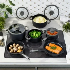 BergHOFF Leo Stone+ 10Pc Nonstick Ceramic Cookware Set With Glass Lid, Recycled Cast Aluminum