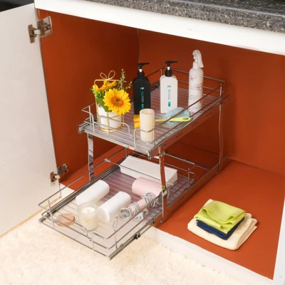 VEVOR 2 Tier 13"W X 21"D Pull Out Cabinet Organizer, Heavy Duty Slide Out Pantry Shelves, Chrome-Plated Steel Roll Out Drawers 3 VEVOR 2 Tier 13"W X 21"D Pull Out Cabinet Organizer, Heavy Duty Slide Out Pantry Shelves, Chrome-Plated Steel Roll Out Drawers