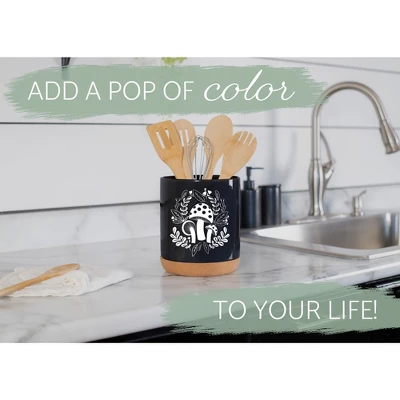 Elanze Designs 8 Inch Floral Mushroom Leaf Large Ceramic Kitchen Utensil Holder Black And White Crock With Cork Base 6 Elanze Designs 8 Inch Floral Mushroom Leaf Large Ceramic Kitchen Utensil Holder Black And White Crock With Cork Base - Image 4