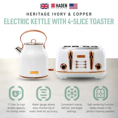 Haden Heritage 4 Slice Wide Slot Stainless Steel Toaster Bundled With 1.7 Liter Stainless Steel Electric Water Kettle, Ivory & Copper 3 Haden Heritage 4 Slice Wide Slot Stainless Steel Toaster Bundled With 1.7 Liter Stainless Steel Electric Water Kettle, Ivory & Copper