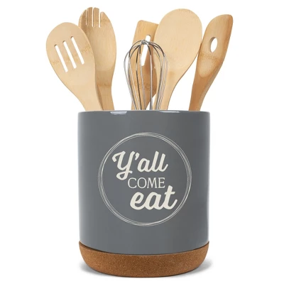 Elanze Designs Y'all Come Eat Southern Accent Ceramic Cork Bottom Gray Large Capacity Utensil Holder Crock For Countertop Storage, Stylish & Durable 6 Elanze Designs Y'all Come Eat Southern Accent Ceramic Cork Bottom Gray Large Capacity Utensil Holder Crock For Countertop Storage, Stylish & Durable - Image 4