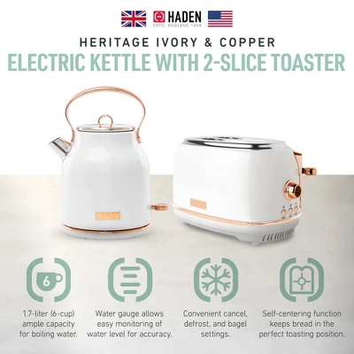 Haden Heritage 2 Slice Wide Slot Stainless Steel Toaster Bundled With 1.7 Liter Stainless Steel Electric Water Kettle, Ivory & Copper 3 Haden Heritage 2 Slice Wide Slot Stainless Steel Toaster Bundled With 1.7 Liter Stainless Steel Electric Water Kettle, Ivory & Copper