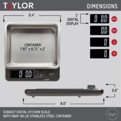 Taylor 22lb Stainless Steel Digital Kitchen Food Scale With Container Black/Gray: Oversized Display, 22lb Capacity