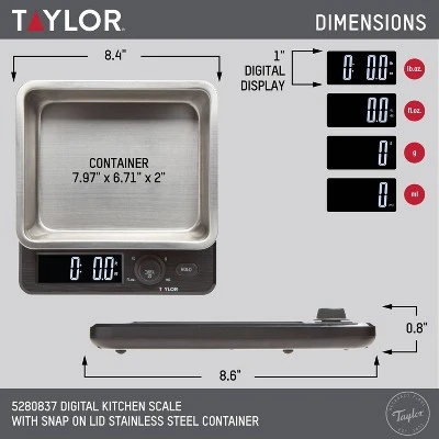 Taylor 22lb Stainless Steel Digital Kitchen Food Scale With Container Black/Gray: Oversized Display, 22lb Capacity 3 Taylor 22lb Stainless Steel Digital Kitchen Food Scale With Container Black/Gray: Oversized Display, 22lb Capacity