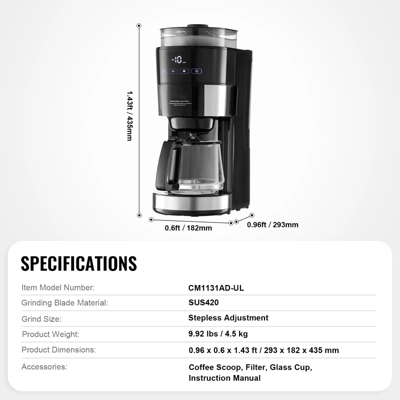 VEVOR Coffee Maker With Grinder, 10 Cup Coffee Machine, Grind And Brew Coffee Maker With 3 Brew Strength Control, Drip Coffee Maker 9 VEVOR Coffee Maker With Grinder, 10 Cup Coffee Machine, Grind And Brew Coffee Maker With 3 Brew Strength Control, Drip Coffee Maker - Image 7