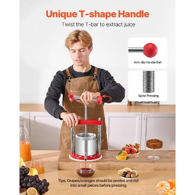 VEVOR 0.44 Gal/1.65L Fruit Wine Press, 2 Stainless Steel Barrels, Manual Juice Maker, Cider Apple Grape Tincture Honey Olive Oil Making Press, Red 6 VEVOR 0.44 Gal/1.65L Fruit Wine Press, 2 Stainless Steel Barrels, Manual Juice Maker, Cider Apple Grape Tincture Honey Olive Oil Making Press, Red - Image 4