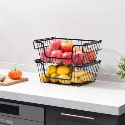 Oceanstar Stackable Metal Wire Storage Basket Set For Pantry, Countertop, Kitchen Or Bathroom – Black, Set Of 2 8 Oceanstar Stackable Metal Wire Storage Basket Set For Pantry, Countertop, Kitchen Or Bathroom – Black, Set Of 2 - Image 6