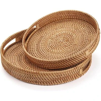 BRINJOY 11.8" Round Woven Tray With Handles - Natural Rattan Coffee Table Decor, Serving Tray For Kitchen & Home 3 BRINJOY 11.8" Round Woven Tray With Handles - Natural Rattan Coffee Table Decor, Serving Tray For Kitchen & Home