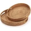 BRINJOY 14" Round Woven Tray With Handles - Natural Rattan Coffee Table Decor, Serving Tray For Kitchen & Home