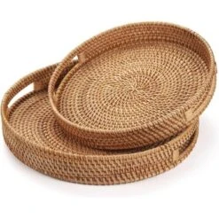 BRINJOY 16.9" Round Woven Tray With Handles - Natural Rattan Coffee Table Decor, Serving Tray For Home & Kitchen