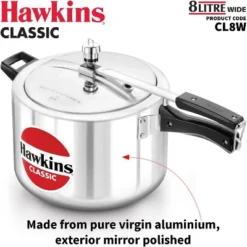 Hawkins Classic 8L Aluminum Pressure Cooker: 1-Year Warranty, Cool Touch Handle, Hand Wash, Stovetop, Silver
