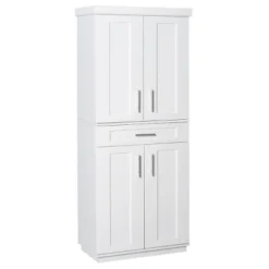Yukimo 30" White Modern Kitchen Pantry Cabinet With 4 Doors, Drawer And Adjustable Shelves, Freestanding Storage For Dining Room & Living Room
