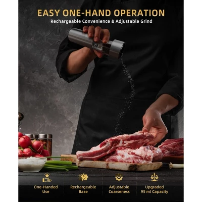 SUGIFT Electric Salt And Pepper Grinder Set Rechargeable Stainless Steel Mills With LED Light Adjustable Coarseness Type C Charging Base 95ml Capacity 4 SUGIFT Electric Salt And Pepper Grinder Set Rechargeable Stainless Steel Mills With LED Light Adjustable Coarseness Type C Charging Base 95ml Capacity - Image 2