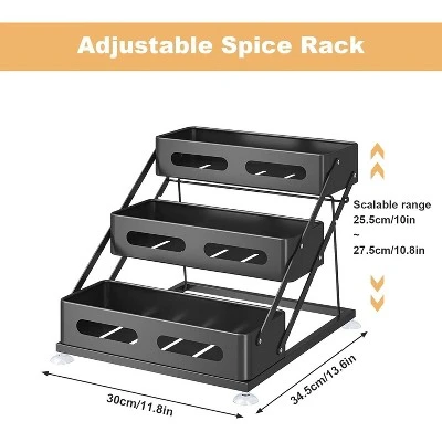 3-Layer Foldable Carbon Steel Spices Rack With Non-Slip Suction Cups, Adjusted Height 10-10.8Inch, Space-Saving For Kitchen Desktop & Cabinet, Black 3 3-Layer Foldable Carbon Steel Spices Rack With Non-Slip Suction Cups, Adjusted Height 10-10.8Inch, Space-Saving For Kitchen Desktop & Cabinet, Black