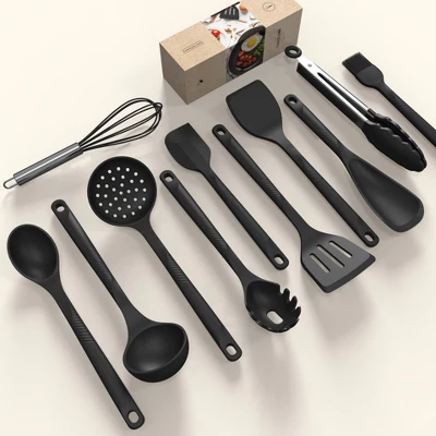 Itopfox Silicone Cooking Utensils Set - Heat Resistant, Nonstick Kitchen Tools With Spatulas, Spoons, Whisk, Tongs, Dishwasher Safe, Black 4 Itopfox Silicone Cooking Utensils Set - Heat Resistant, Nonstick Kitchen Tools With Spatulas, Spoons, Whisk, Tongs, Dishwasher Safe, Black - Image 2