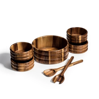 Kalmar Home Solid Acacia Wood 7 Piece - Large Salad Bowl With Servers And 4 Individuals 5 Kalmar Home Solid Acacia Wood 7 Piece - Large Salad Bowl With Servers And 4 Individuals - Image 3