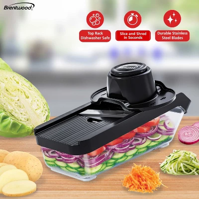 Brentwood Mandoline Slicer And Cheese Grater With 3.6-Cup Storage Container And 6 Interchangeable Stainless Steel Blades, Black 3 Brentwood Mandoline Slicer And Cheese Grater With 3.6-Cup Storage Container And 6 Interchangeable Stainless Steel Blades, Black