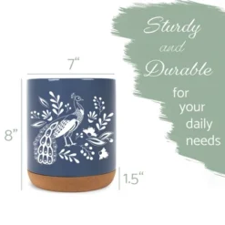 Elanze Designs 8 Inch Floral Peacock Large Ceramic Kitchen Utensil Holder Navy Blue And White Crock With Cork Base