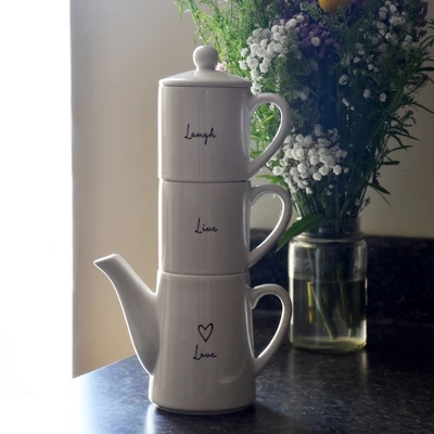 Live, Laugh, Love Tea For Two Set (15 Oz Teapot With 2 - 8 Oz Cups) 3 Live, Laugh, Love Tea For Two Set (15 Oz Teapot With 2 - 8 Oz Cups)