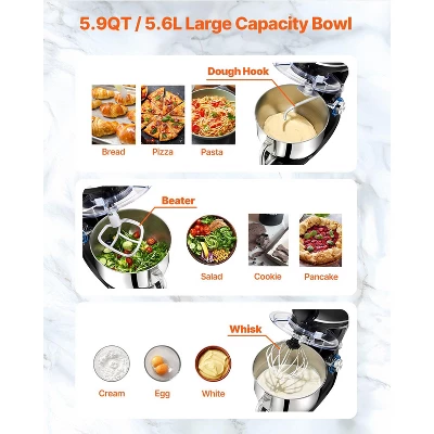 VEVOR 3-in-1 Multifunctional Stand Mixer, 6QT Stainless Steel Bowl, 660W 6+P Speeds Tilt-head Food Mixer, Black 6 VEVOR 3-in-1 Multifunctional Stand Mixer, 6QT Stainless Steel Bowl, 660W 6+P Speeds Tilt-head Food Mixer, Black - Image 4