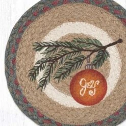 Earth Rugs Ornament On Branch Printed Round Jute Trivet With Festive Holiday Design, 10"x10"