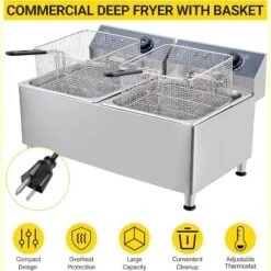 Acekool 11L/3.3Gal Commercial Deep Fryer, 1700W, 6L Baskets, Stainless Steel, Splash Guard For Restaurant, Food Truck, Home Kitchen
