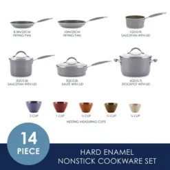 Rachael Ray Cucina 14pc Porcelain Enamel Nonstick Cookware And Measuring Cup Set Sea Salt Gray: Gas & Electric Compatible