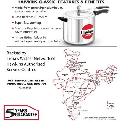 Hawkins Classic 10L Aluminum Pressure Cooker: 1-Year Warranty, Locking Lid, Cool Touch Handle, Hand Wash, Silver 4 Hawkins Classic 10L Aluminum Pressure Cooker: 1-Year Warranty, Locking Lid, Cool Touch Handle, Hand Wash, Silver - Image 2
