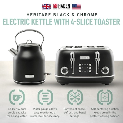 Haden Heritage 4 Slice Wide Slot Stainless Steel Toaster Bundled With 1.7 Liter Stainless Steel Electric Water Kettle, Black & Chrome 3 Haden Heritage 4 Slice Wide Slot Stainless Steel Toaster Bundled With 1.7 Liter Stainless Steel Electric Water Kettle, Black & Chrome
