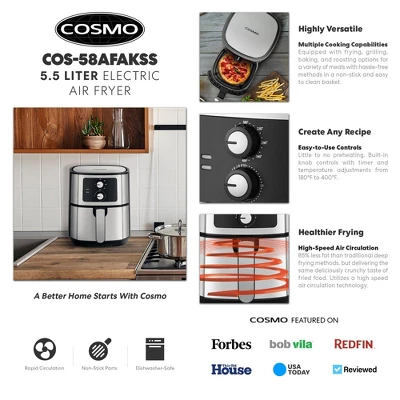Cosmo COS-58AFAKSS 5.8 Quart Electric Hot Air Fryer With Temperature Control, Timer, Non-Stick Frying Tray, 1400W 4 Cosmo COS-58AFAKSS 5.8 Quart Electric Hot Air Fryer With Temperature Control, Timer, Non-Stick Frying Tray, 1400W - Image 2