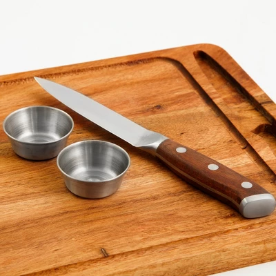 Yukon Glory Premium 100% Acacia Steak Board Set With Juice Groove, Steak Knife, And Condiment Cups 4 Yukon Glory Premium 100% Acacia Steak Board Set With Juice Groove, Steak Knife, And Condiment Cups - Image 2