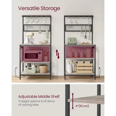 VASAGLE Bakers Rack With Charging Station, Coffee Bar Stand With Adjustable Storage Shelf, Grid Panel, 12 Hooks, Table For Microwave, Kitchen 5 VASAGLE Bakers Rack With Charging Station, Coffee Bar Stand With Adjustable Storage Shelf, Grid Panel, 12 Hooks, Table For Microwave, Kitchen - Image 3