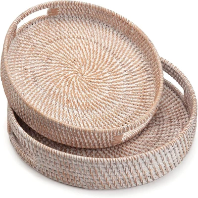 BRINJOY 11.8" Round White Woven Tray - Handmade Rattan Coffee Table Decor With Handles 4 BRINJOY 11.8" Round White Woven Tray - Handmade Rattan Coffee Table Decor With Handles - Image 2
