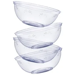 Crown Display 4 Pack Clear Disposable Round Salad Bowls Serving Bowl With Leaf Indentation