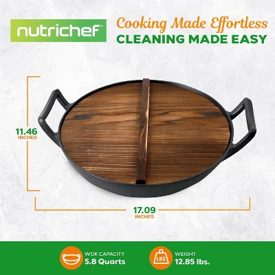 NutriChef 5.8-Quart Pre-Seasoned Cast Iron Wok With Wooden Lid NCCIWOK60 - Black 4 NutriChef 5.8-Quart Pre-Seasoned Cast Iron Wok With Wooden Lid NCCIWOK60 - Black - Image 2
