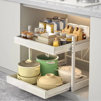 Extendable Cabinet Organizer With 2 Tiers, (31.5~56.5cm Wide X 42-67cm Deep X 40.5cm High), Extendable Drawer Organizer Storage Telescopic Drawer 4 Extendable Cabinet Organizer With 2 Tiers, (31.5~56.5cm Wide X 42-67cm Deep X 40.5cm High), Extendable Drawer Organizer Storage Telescopic Drawer - Image 2