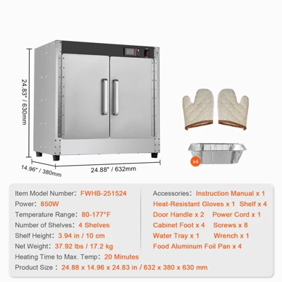 VEVOR Hot Box Food Warmer, 4-Tier Concession Warmer With Water Tray, 4 Pans, Double-door And Adjustable Shelves, Stainless Steel Food Warmer Cabinet 9 VEVOR Hot Box Food Warmer, 4-Tier Concession Warmer With Water Tray, 4 Pans, Double-door And Adjustable Shelves, Stainless Steel Food Warmer Cabinet - Image 7