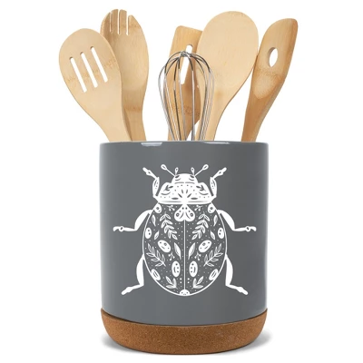 Elanze Designs 8 Inch Floral Beetle Large Ceramic Kitchen Utensil Holder Gray And White Crock With Cork Base 7 Elanze Designs 8 Inch Floral Beetle Large Ceramic Kitchen Utensil Holder Gray And White Crock With Cork Base - Image 5